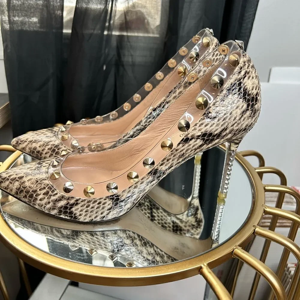 Valentino Rockstud Studded Beige Python PVC Pumps